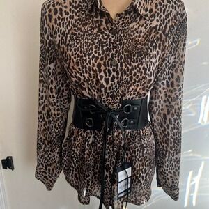 Y2k leopard print lose fit long sleeve collared blouse size 14